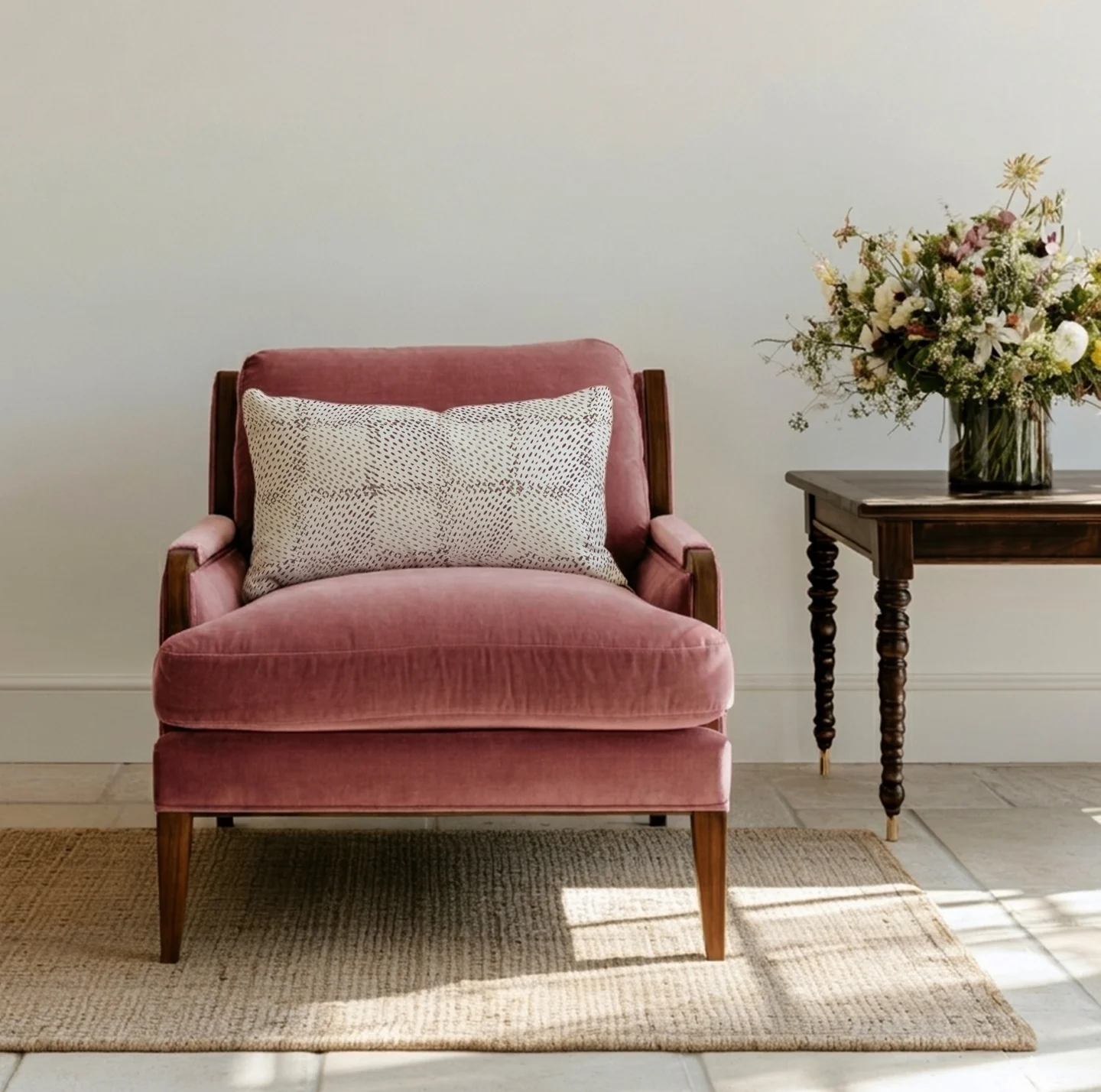 Velvet fabric in berry on a pink side chair with a patterned pillow