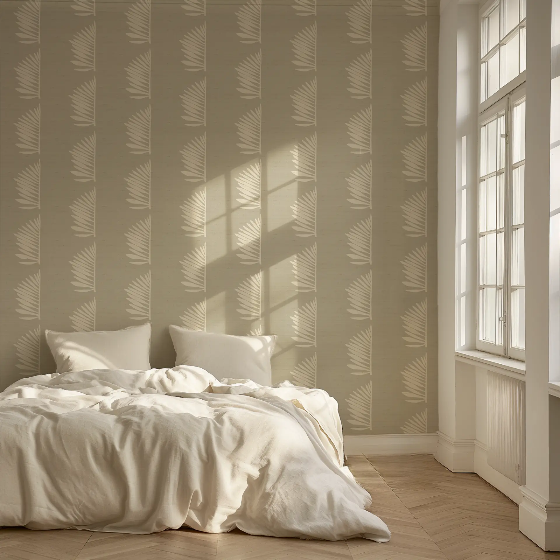 Palmetto Grasscloth in Dune used in a softly lit bedroom.