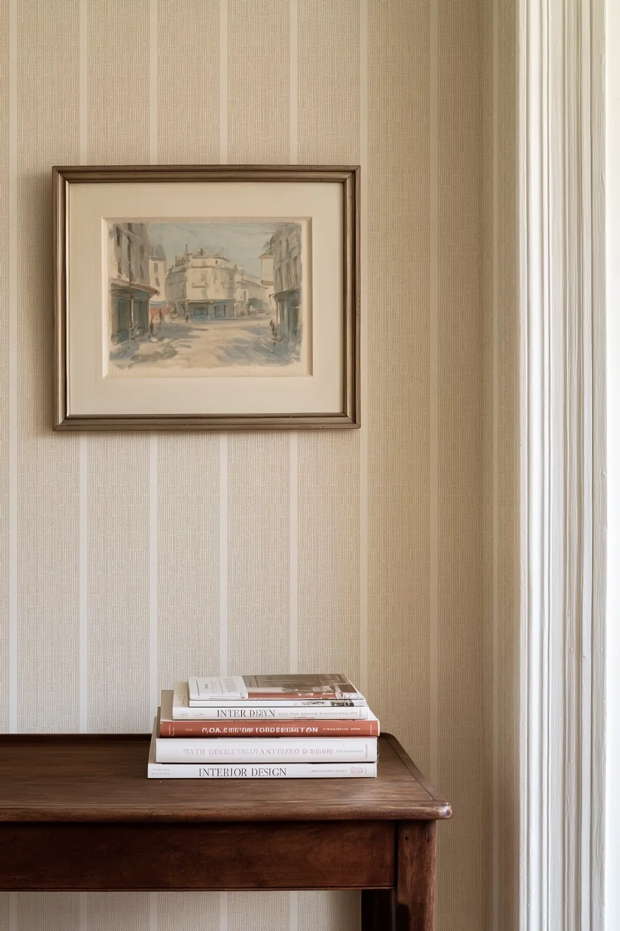 Sandbar wallcovering in Tawny behind a dark wooden console, stacked design books, and a framed streetscape beside a window.