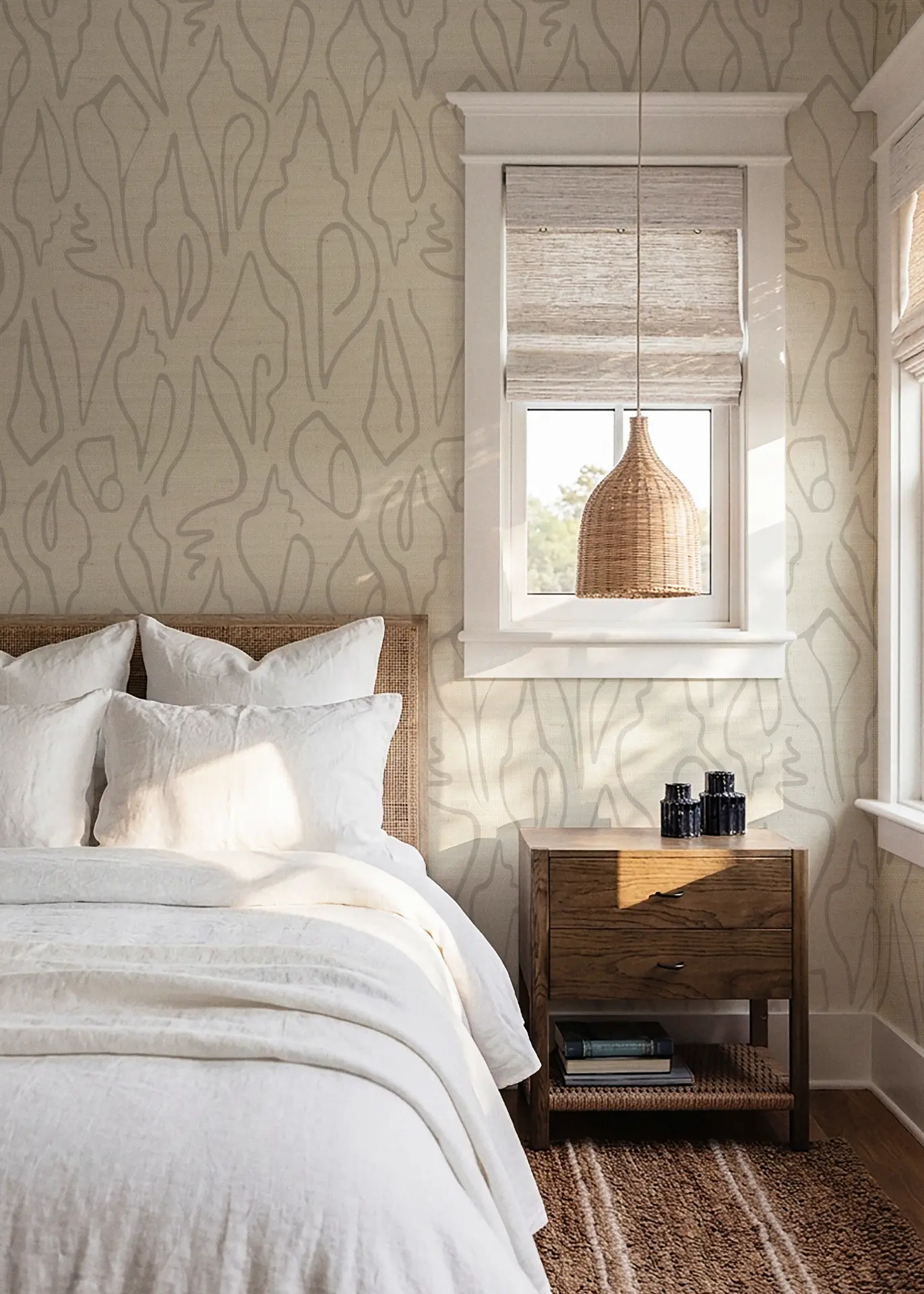 Edisto Grasscloth in Salt used in a neutral bedroom.