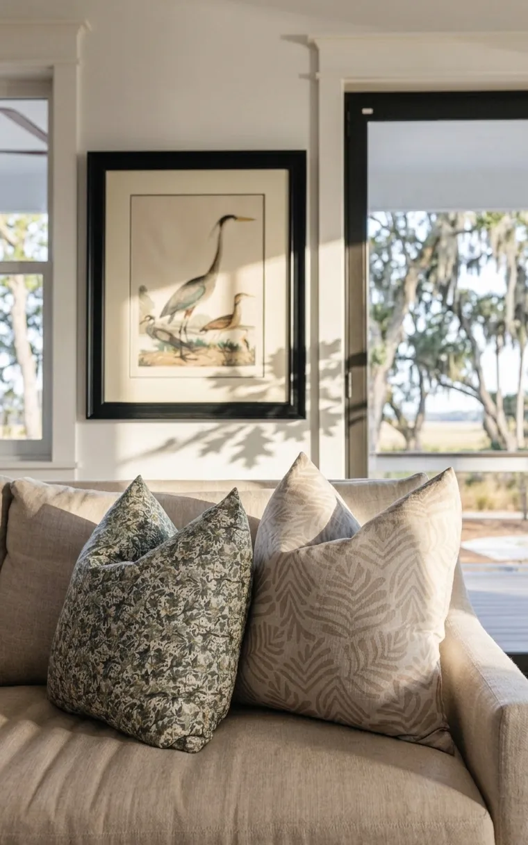 Emily Daws Eden in Emerald and Frond in Truffle pillows layered on a neutral sofa in a sunlit Lowcountry interior.