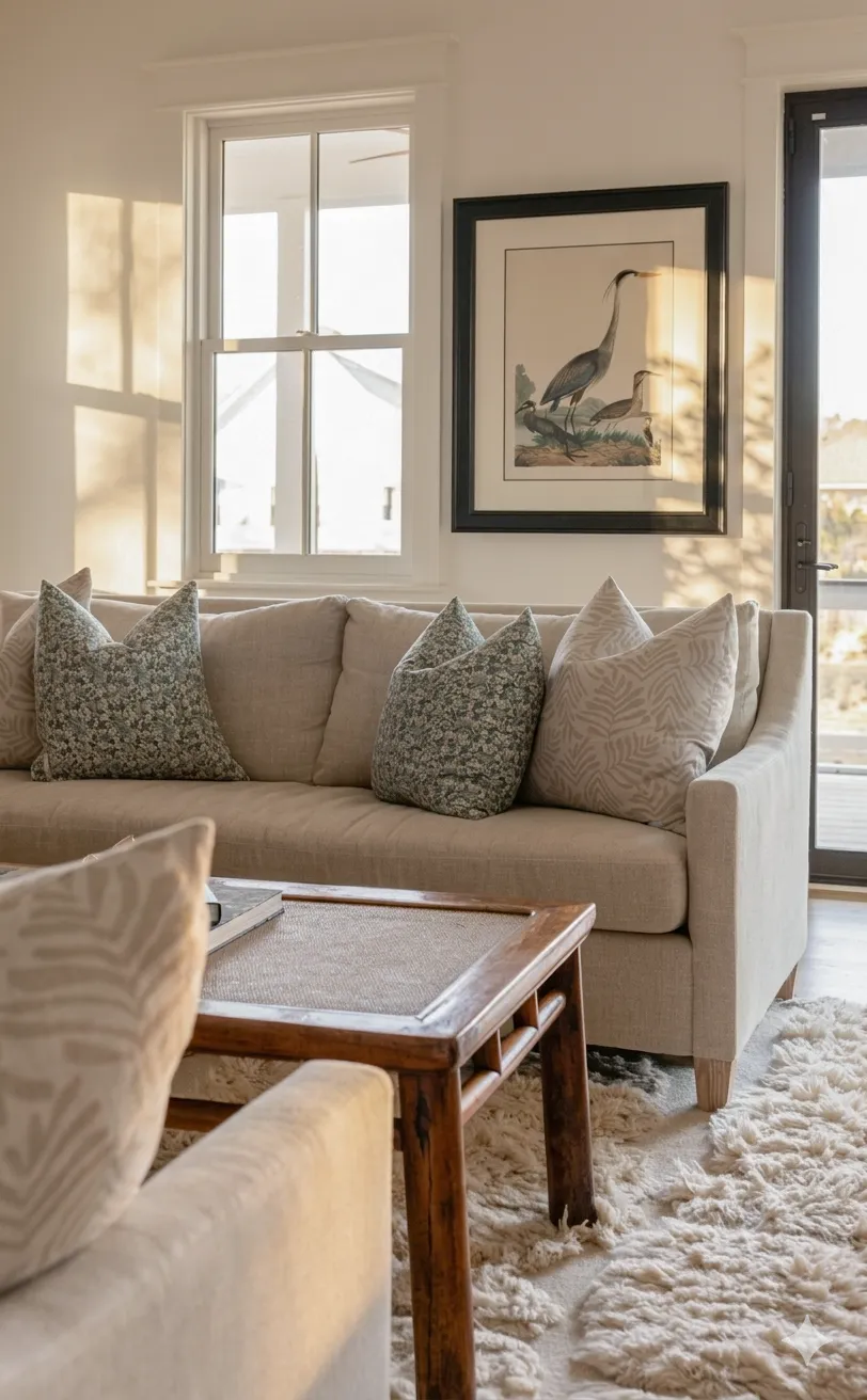 Neutral sofa layered with Emily Daws Eden in Emerald and Frond in Truffle pillows in warm natural light.