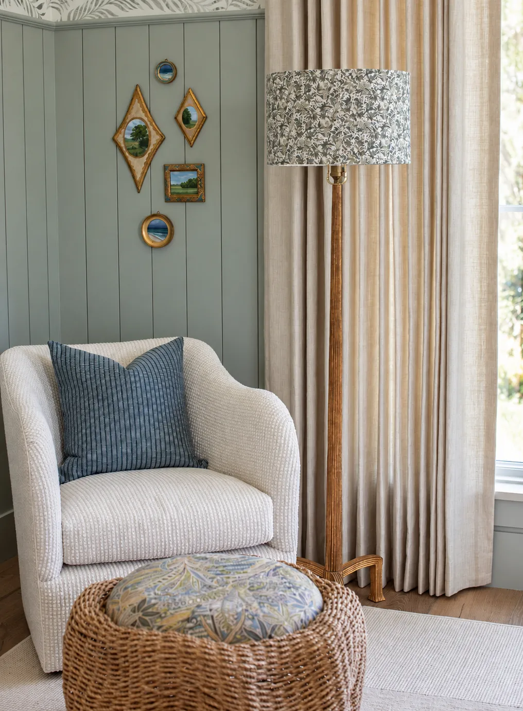 Jetty fabric in Cove on a patterned pillow and Eden fabric in Lichen on a lampshade in a layered bedroom interior.