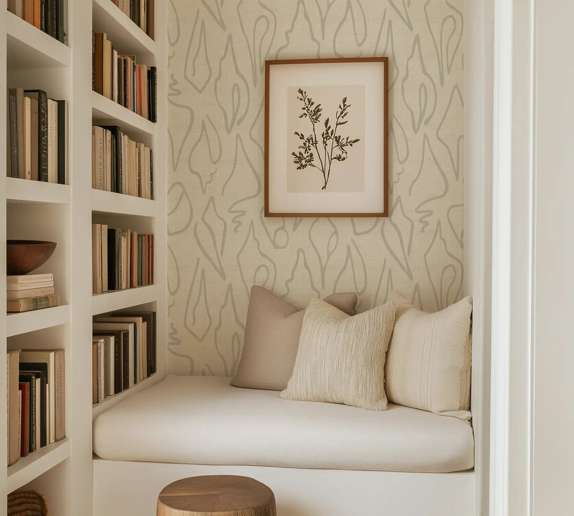 Edisto Grasscloth in Salt used in a built-in reading nook.
