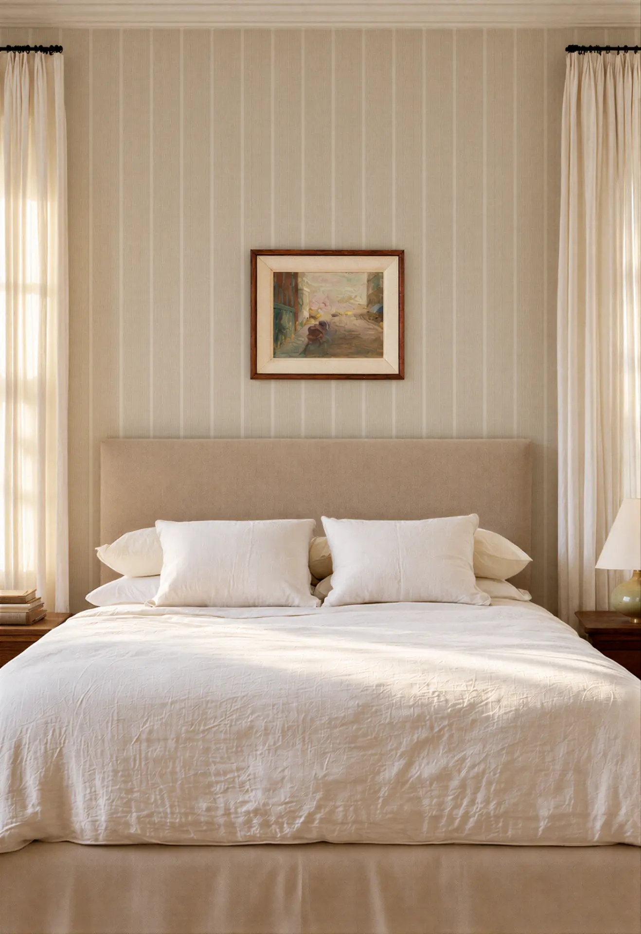 Sandbar wallcovering in Tawny behind an upholstered bed with white linens, framed artwork, and tall curtained windows.