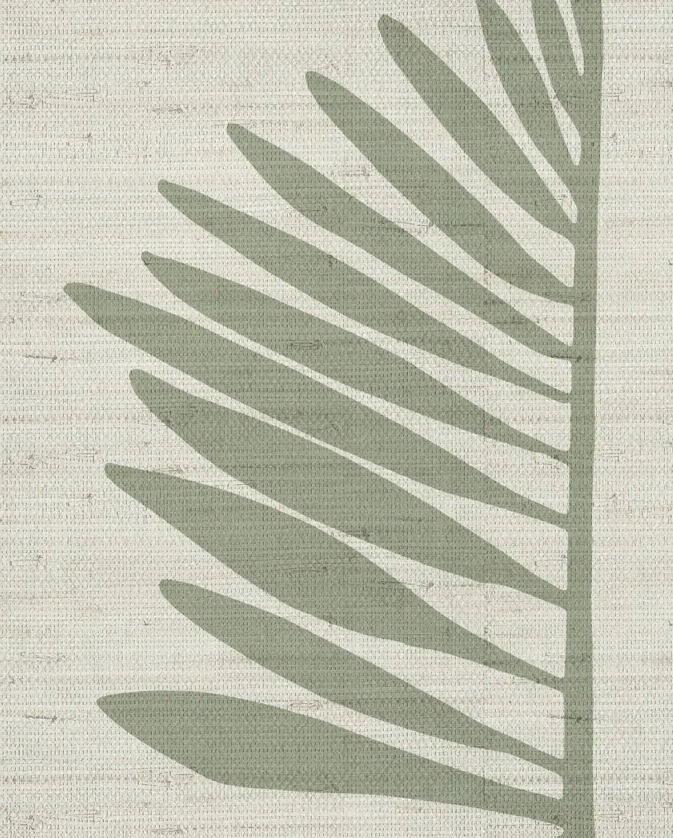 Emily Daws Palmetto grasscloth sample in Sage, sage-green palm frond on natural grasscloth.
