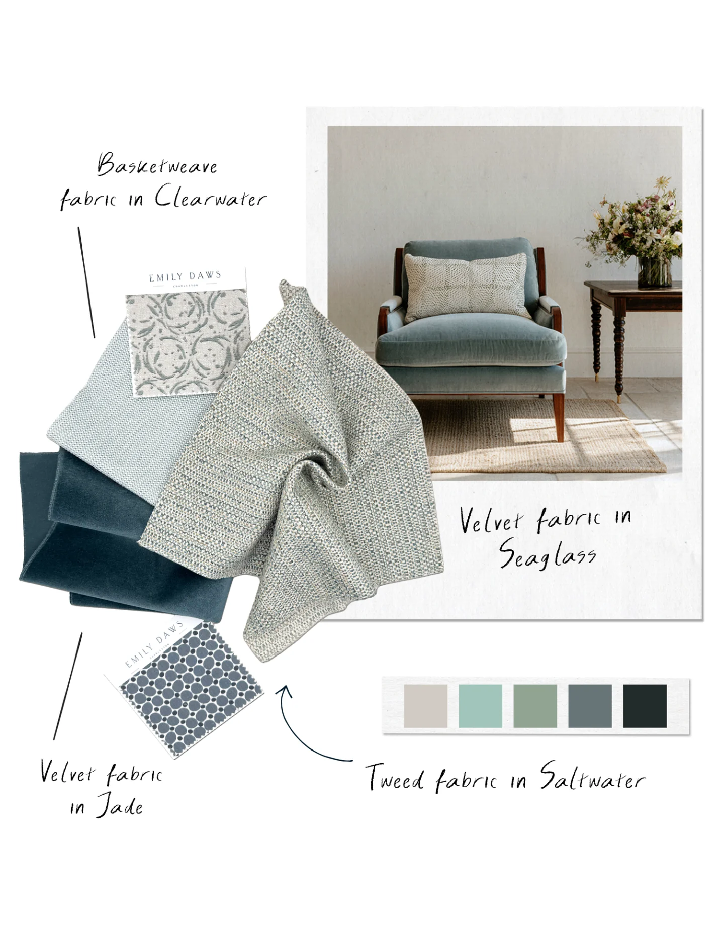Companion Collection — Basketweave, Velvet, and Tweed fabric swatches with seaglass velvet chair